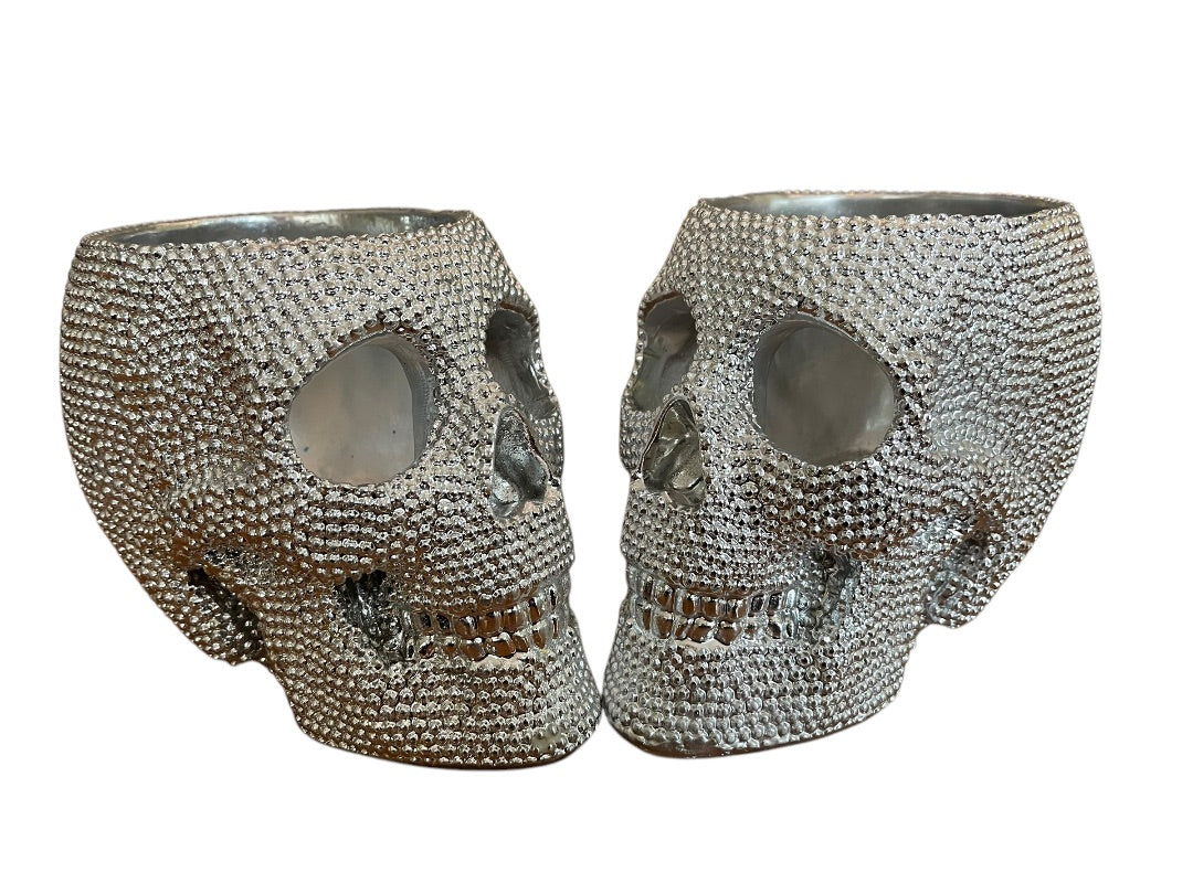 Set of 2 Silvertone Skull Textured Decor Bowl Dish Centerpiece 6 Inch