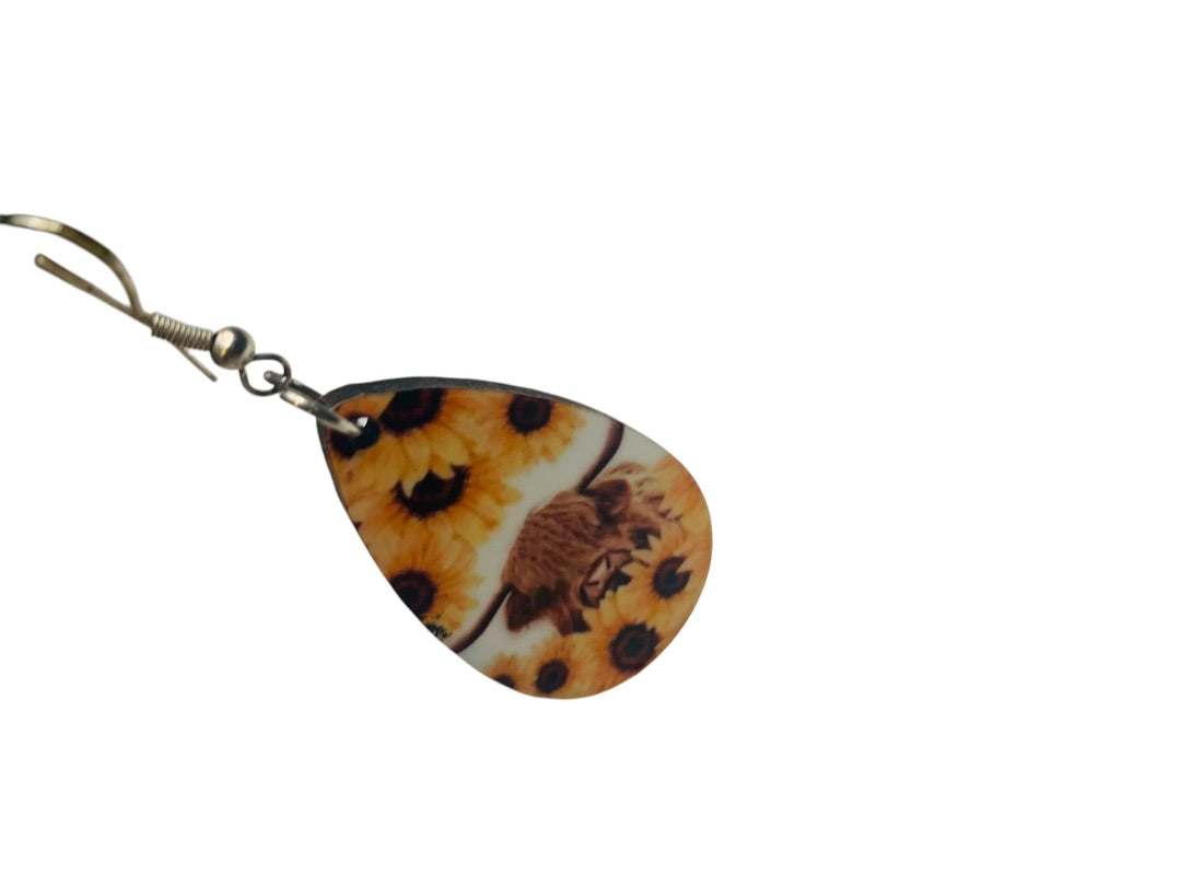 Sunflower Highland Cow Hook Pierced Earrings Lightweight Double Sided