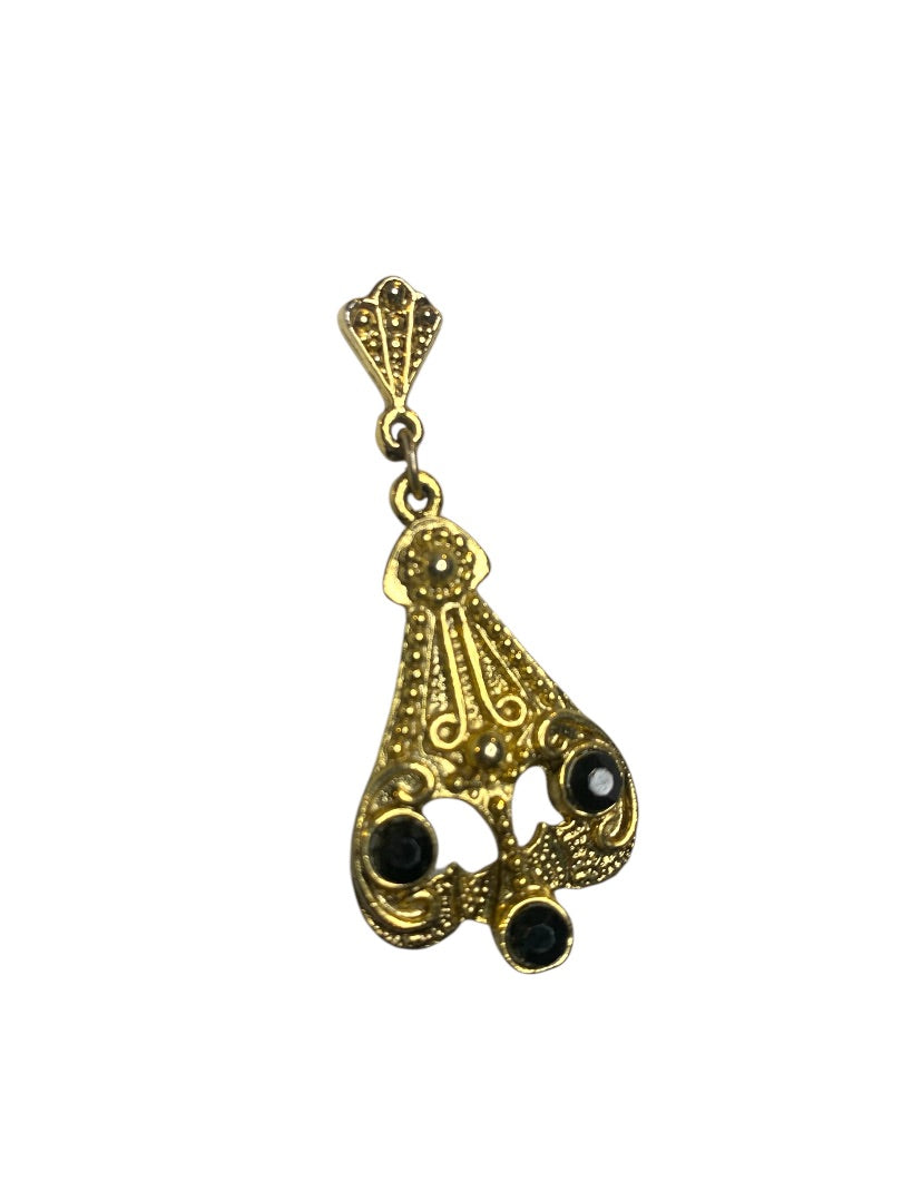 Goldtone Black Post Pierced Earrings Art Deco Style 2 Inch Drop