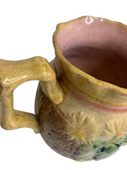 Antique Majolica Pottery Pitcher Daisy Bow Trim 6 Inch