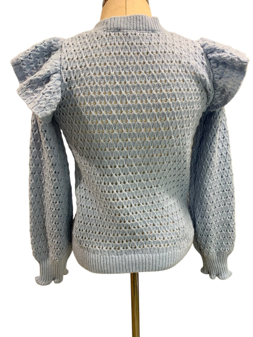 XS Loft Womens Blue Open Weave Sweater Ruffle Shoulder