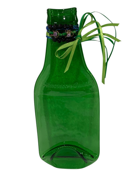 Upcycled Flattened Green Glass Bottle Decorative Neck Ribbon Beads 9.5 Inches