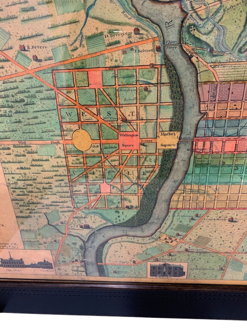 Reproduction 1802 Framed Map of Philadelphia Wooden Frame 34.5 x 26.5 Inches