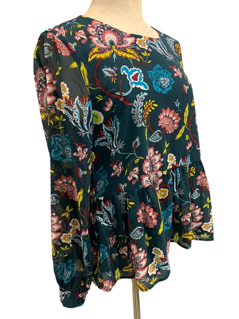 Medium LOFT Sheer Floral Print Blouse Flounce Hem Shirt