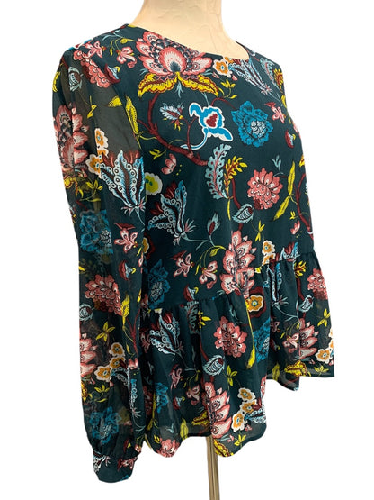 Medium LOFT Sheer Floral Print Blouse Flounce Hem Shirt