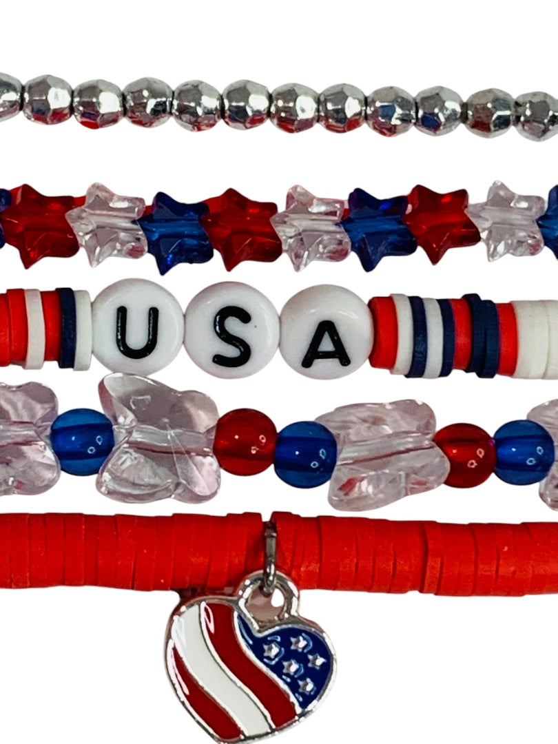 Claires New Set of 5 Beaded Stretch Bracelets Patriotic USA
