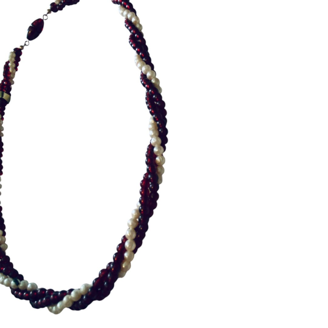 Vintage Twist Multistrand Necklace Burgundy Cream Beading 18 Inch Barrel Screw Clasp