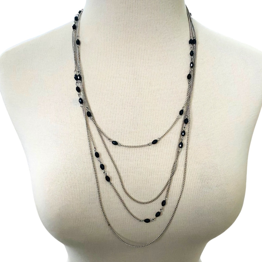 Silvertone and Black Beaded Tiered Necklace 22-25 Inches Lobster Clasp