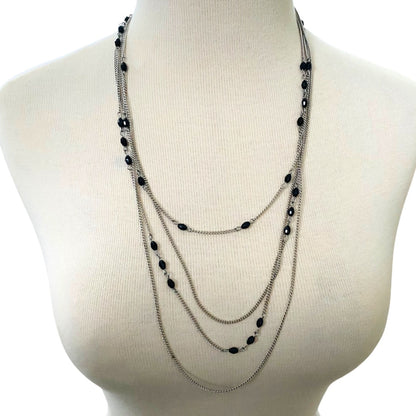 Silvertone and Black Beaded Tiered Necklace 22-25 Inches Lobster Clasp