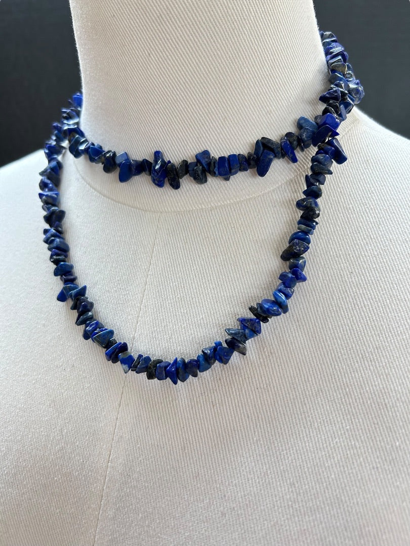 Strand String 34 Inch Necklace Lapis Lazuli Chip Stones 925 Sterling Clasp