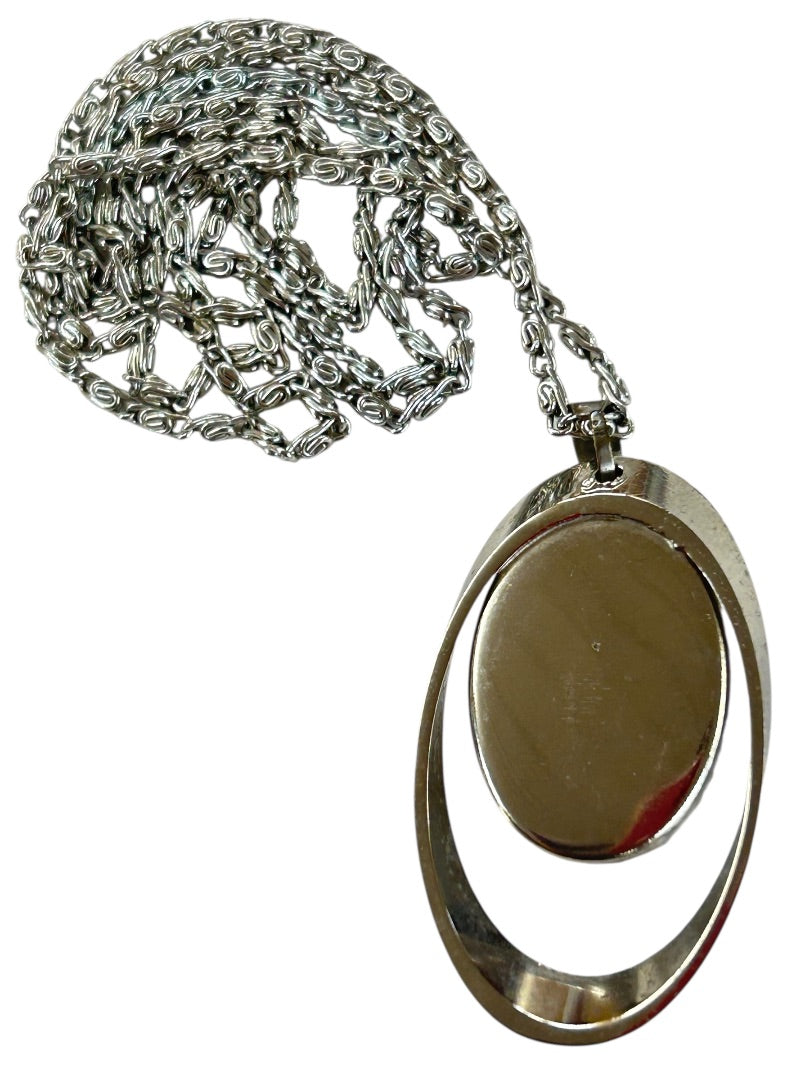Silvertone Overhead Necklace 24 Inch Cameo Pendant 1.75"