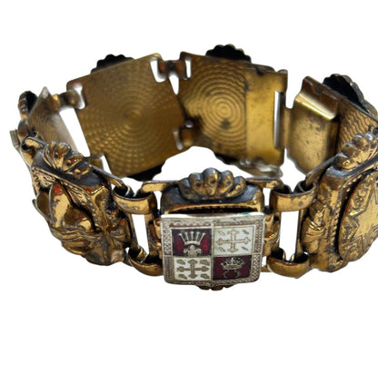 Vintage Goldtone 7 Panel Bracelet Crests France 7 Inch Chunky
