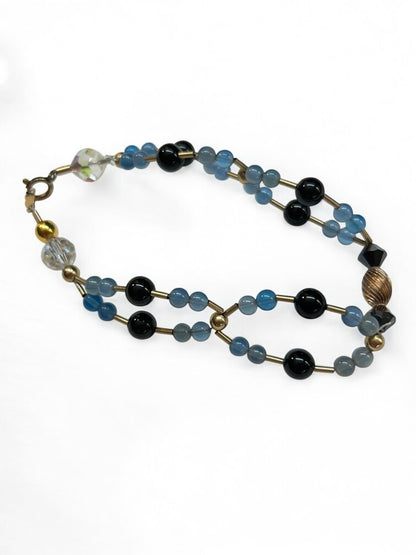 Blue Black Goldtone Shaped Beaded Bracelet 7.5 Inch Spring Clasp