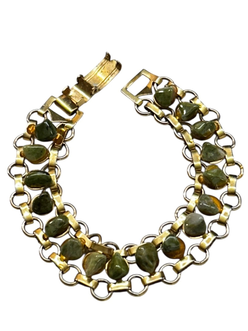 Vintage Goldtone Green Stone Bracelet 7 inch Foldover Clasp