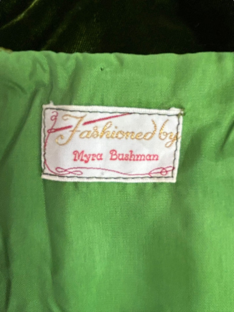 Myra Bushman Dress Green Velvet Sleeveless Gown Vintage 60s Formal USA