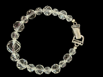 Faceted Clear Crystal Bracelet Silvertone Foldover Magnetic Clasp 9 Inch