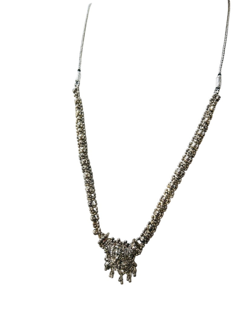 Slide Adjustable Overhead Silvertone Necklace Intricate Beading