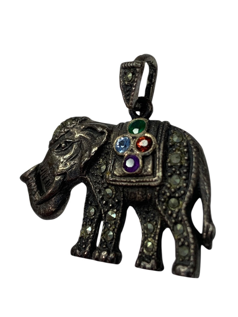 Vintage Elephant Silver Luck Pendant Stones Small 1 Inch
