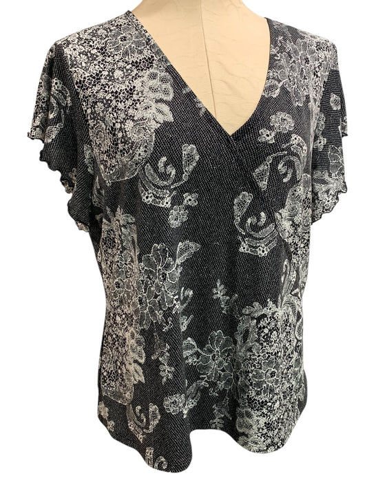Large Laura Ashley Womens Lined V-Neck Shirt Lace Print Lined Black