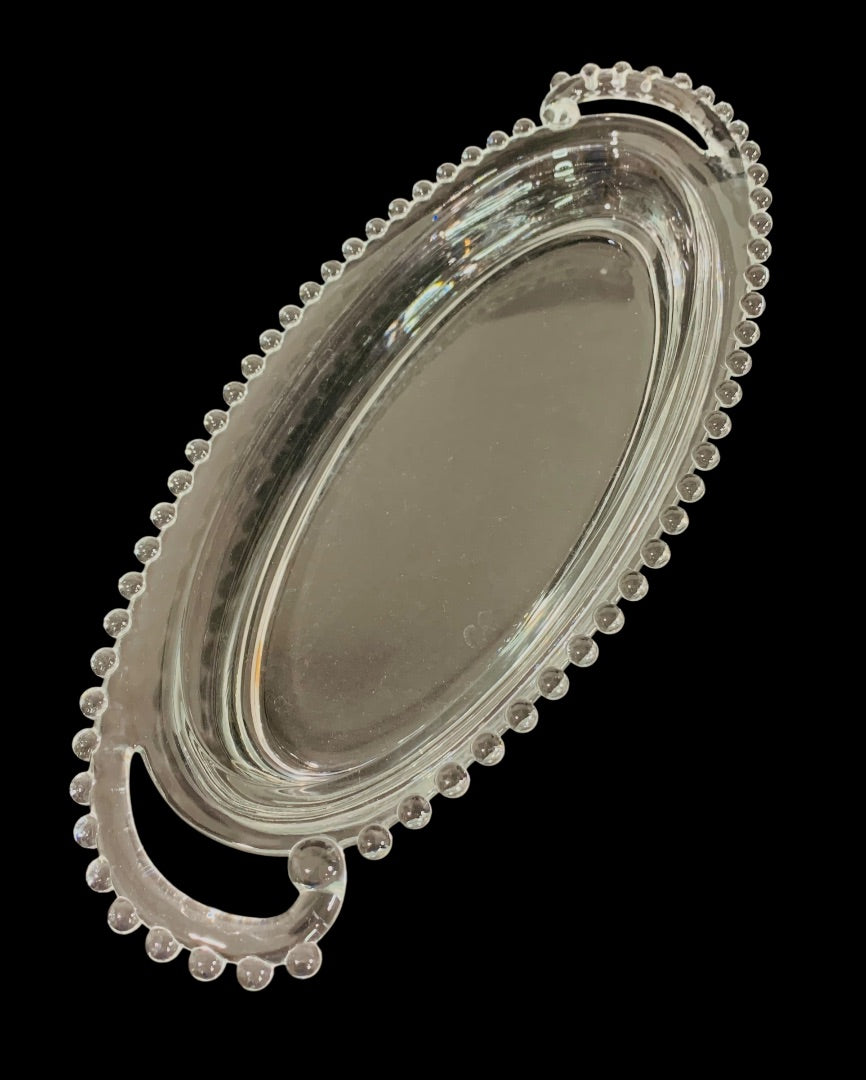 Imperial Glass Oval Celery Dish Beaded Curved Handle 13.5 Inch Candlewick