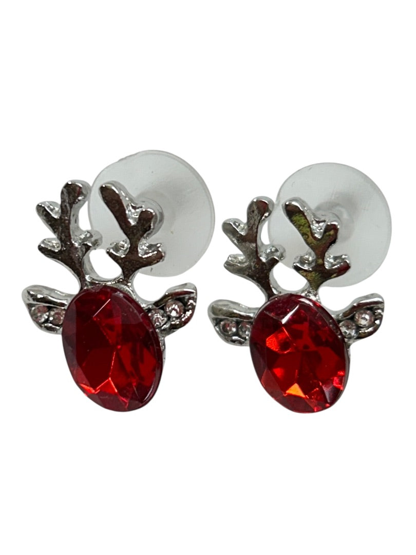 Silvertone Red Reindeer Earrings Post Pierced Sparkle .6 Inch