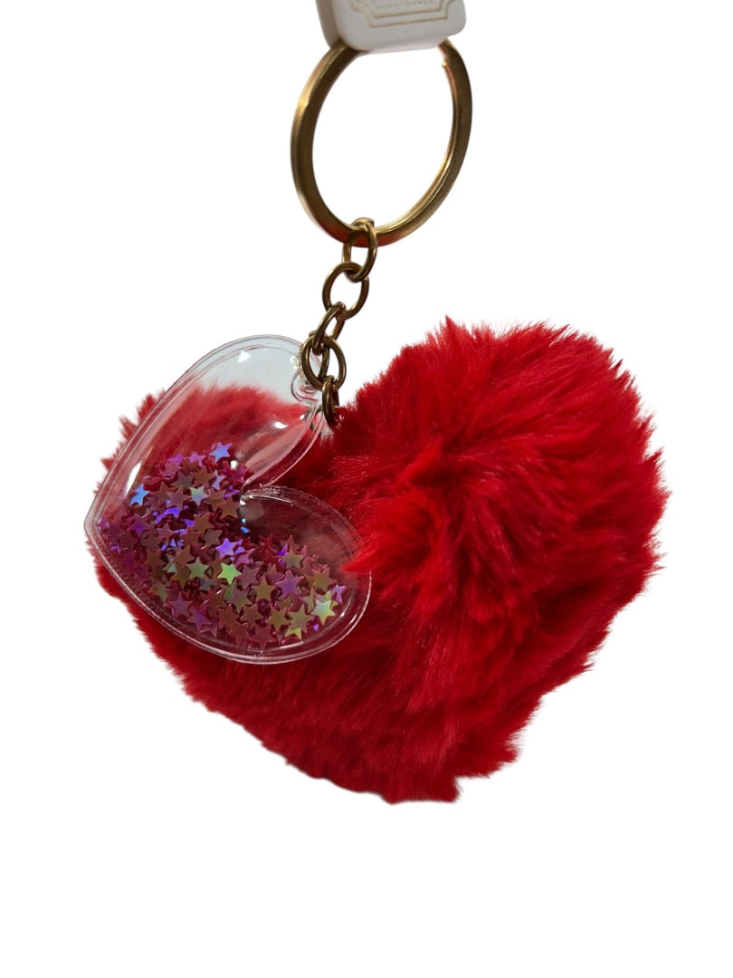 Set of 2 Puffy Plush Keyring Key Chains Red Heart Pink Love