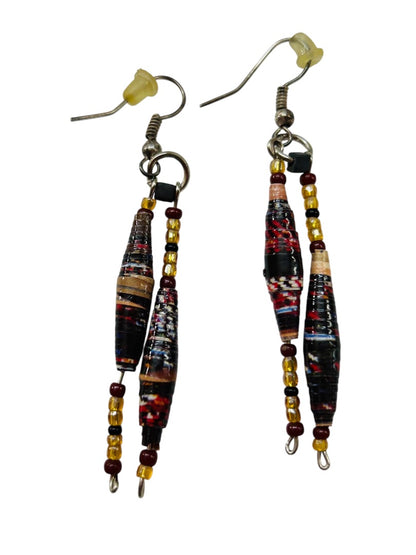 Paper and Seed Bead Earrings Fishhook Pierced 2.5" Drop Dangle