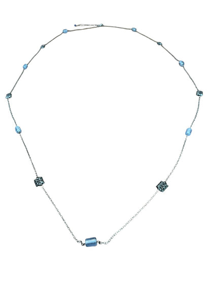 Small Blue Bead and Silvertone Bead Chain Adjustable Necklace 57 Inch
