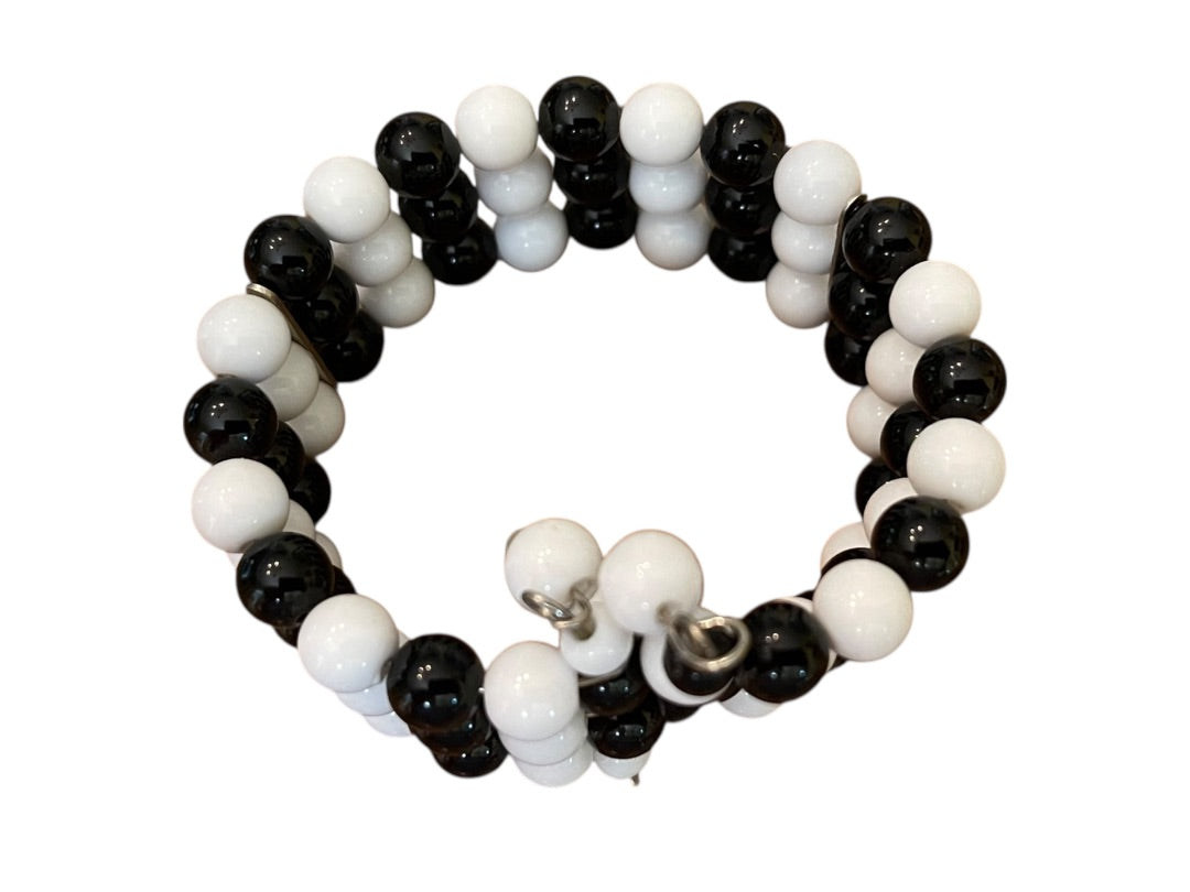 Vintage 3 Strand Black White Beaded Adjustable Cuff Bracelet