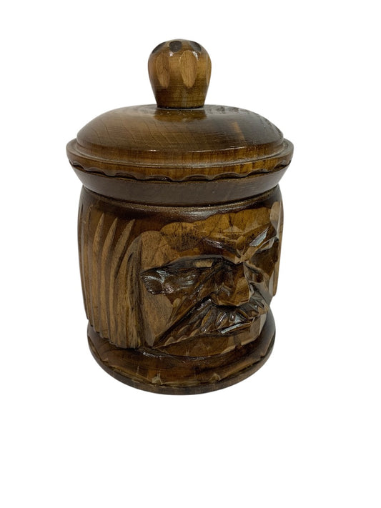 Vintage Wooden Lidded Jar Humidor Carved Old Man 6 Inch