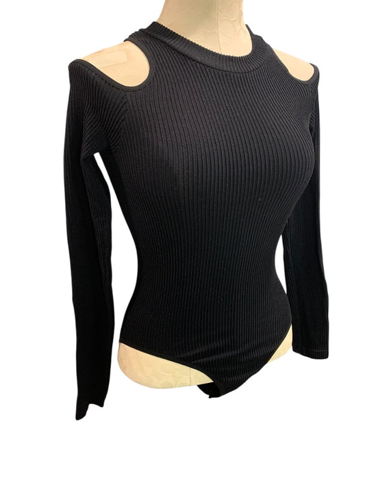 M/L Fashion Nova Womens Black Ribbed Bodysuit Cold Shoulder