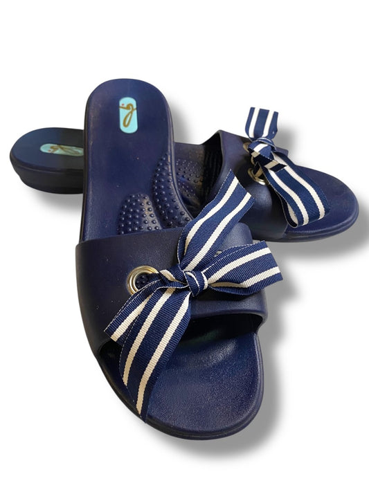 Large (9/10) Oka B Womens Navy Blue Slide Sandal Shoes Grosgrain Ribbon Bow