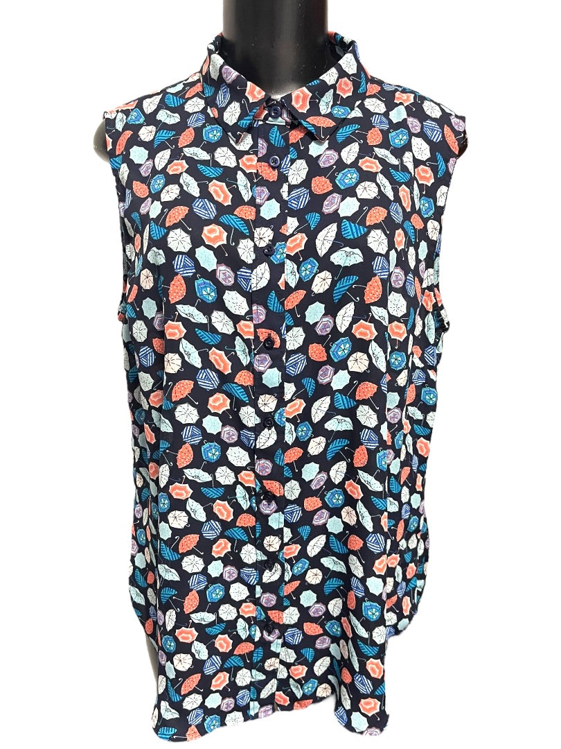 Large Talbots Button Up Collared Sleeveless Umbrella Patterned Shirt