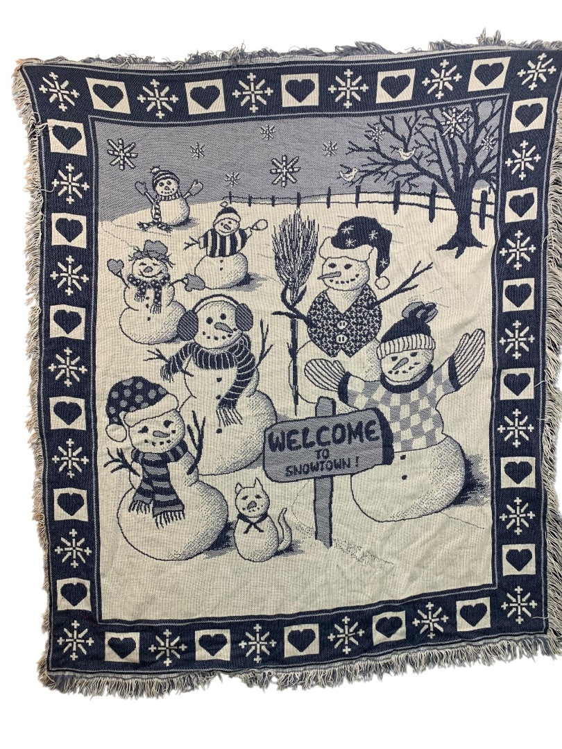 Vintage Woven Throw Blanket Welcome to Snowtown Fringed Blue 56" x 47"
