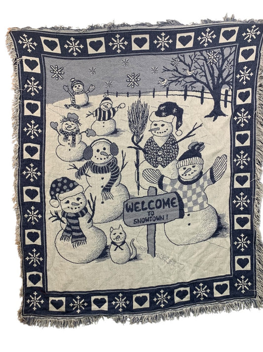 Vintage Woven Throw Blanket Welcome to Snowtown Fringed Blue 56" x 47"