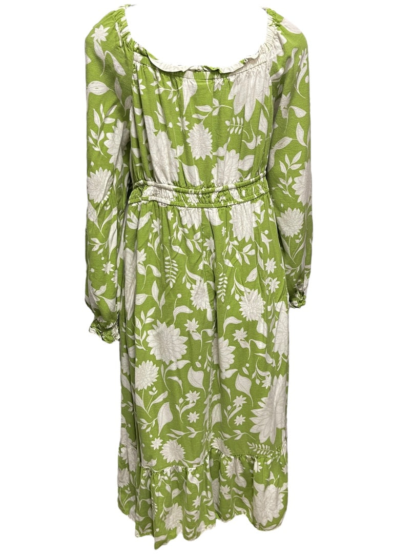 1XL Ava & Viv Floral Long Sleeve Tie Waist Dress Green Boho Style