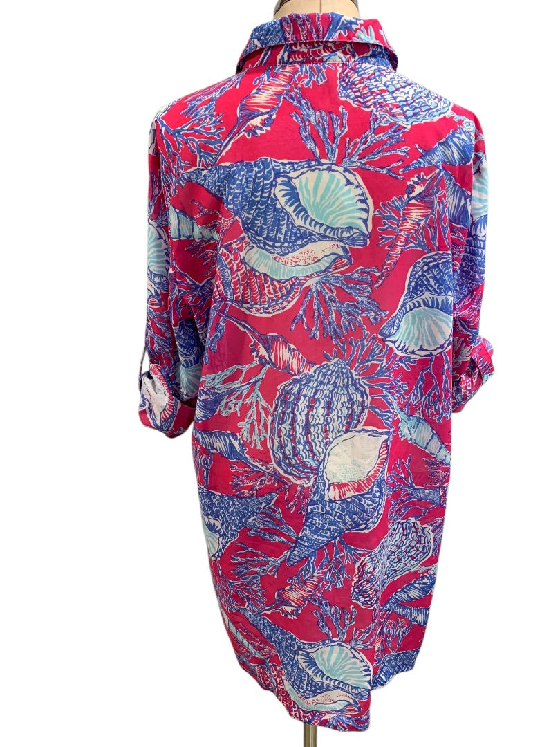 XL Talbots Womens Bathing Cover Up Roll Tab Sleeves Shell Print
