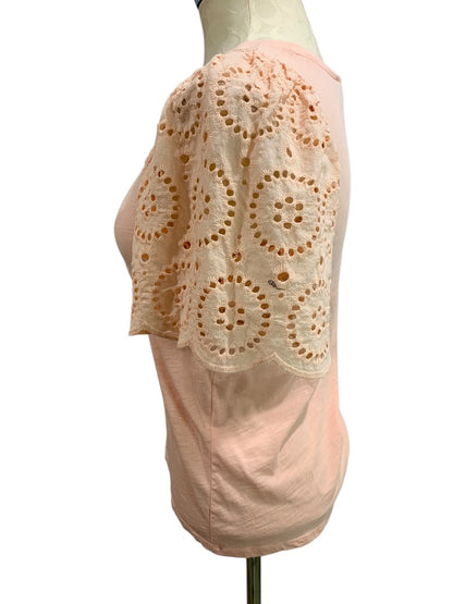 XS Loft Womens Peach Eyelet Sleeve Tshirt Round Neck