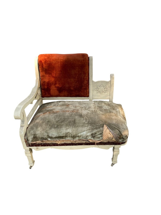 Antique Victorian Cottage Settee Chair Velvet Carved Wood Casters