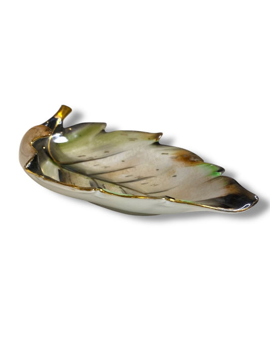 Midcentury Ceramic Leaf Trinket Dish Green Brown Gold Trim 6" x 4"