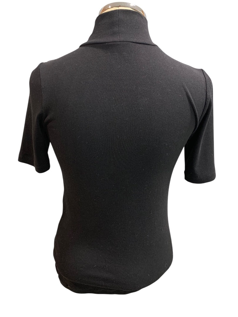 XS Loft Womens Black Ribbed Mock Neck Pullover Shirt Short Sleeve