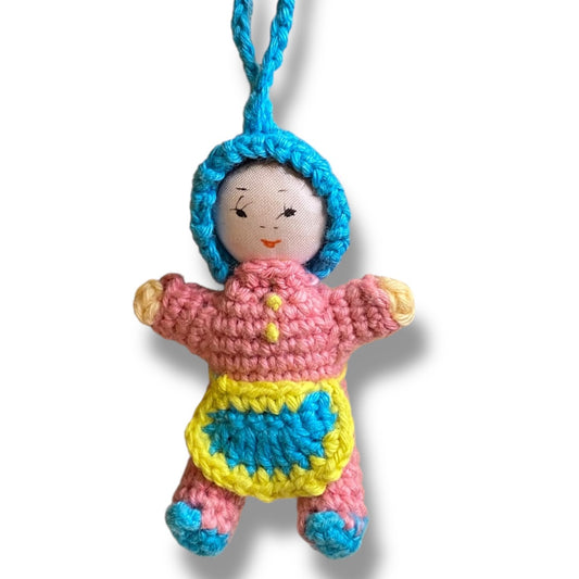 Vintage Amigurumi Japanese Miniature Crochet Baby Girl Doll 2" Silk Face Hanging