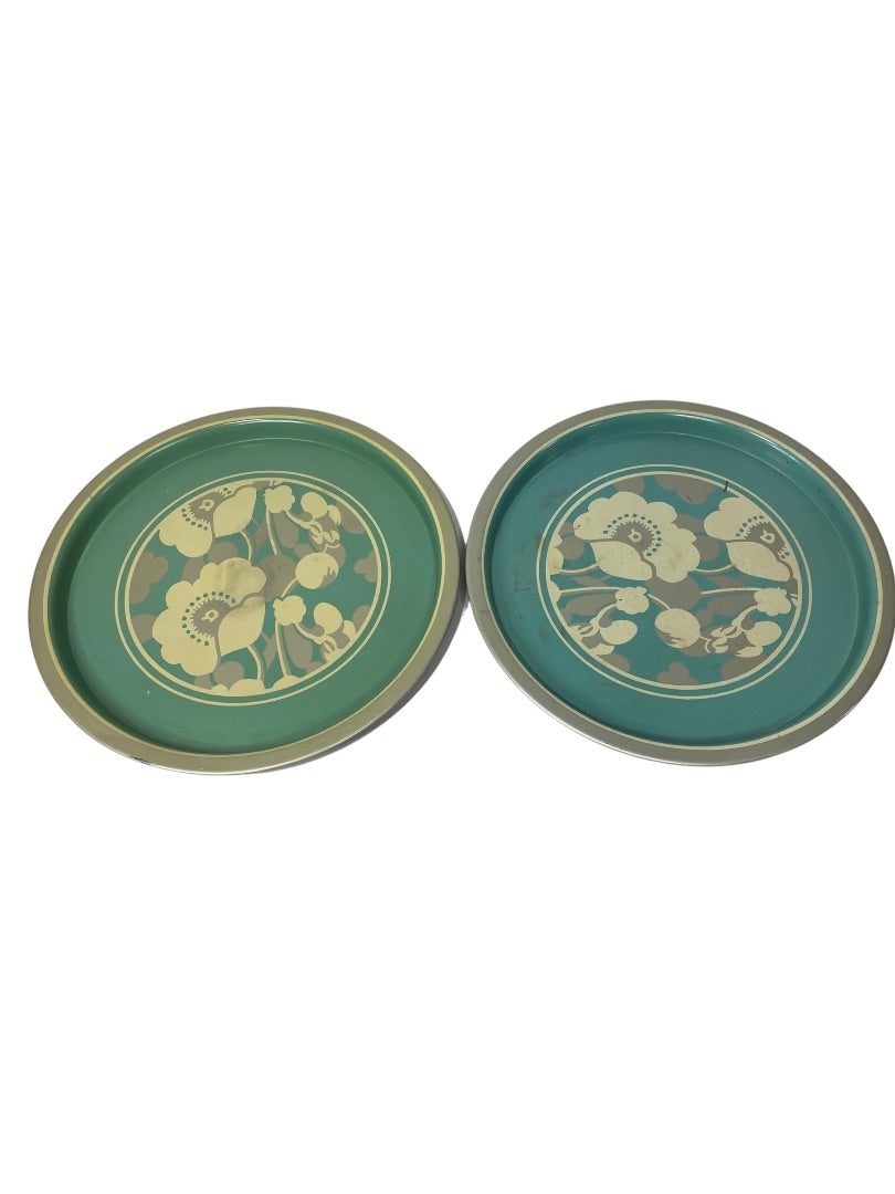 MidCentury Set of 2 Metal Trays Decorative Floral 12.5" Diameter Turquoise