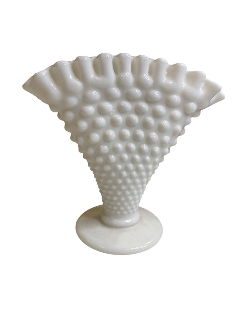 Vintage Fenton Milkglass Hobnail Fan Vase Crimped 5.5"