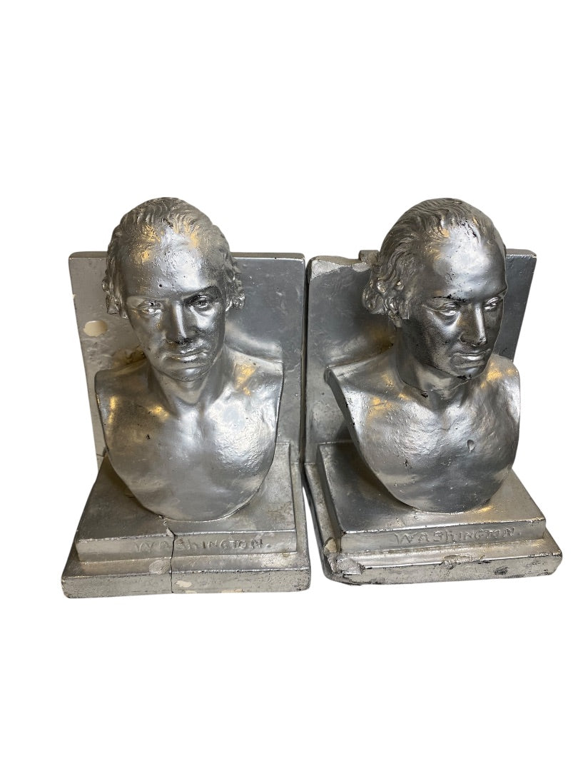 1960 Distressed Pair of Bookends Silver Bust of Washington Plaster Creepy
