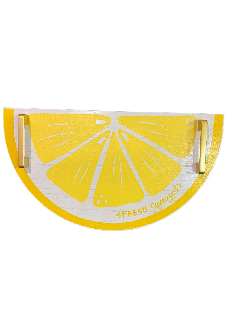 Lemon Slice Handled Serving Tray Yellow White Wooden 17" x 9.5"