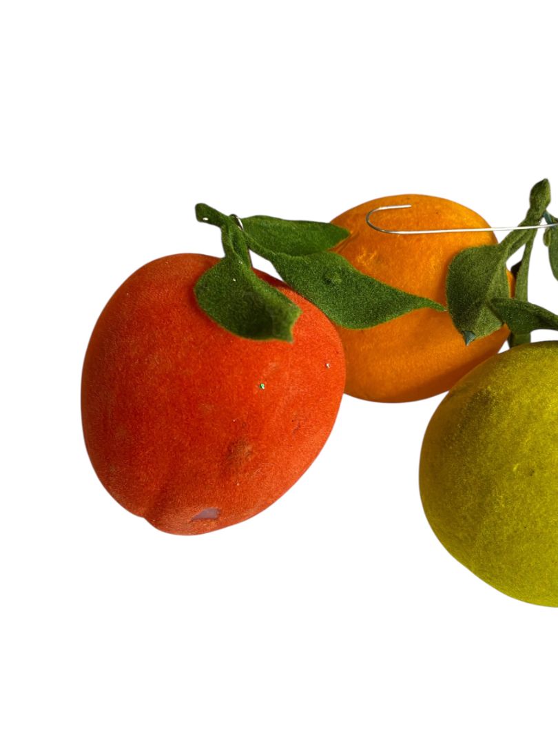 Vintage Flocked Velvet Fruit Set of 3 Ornaments Apples Orange 3 Inch