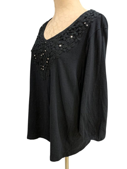 Size 1X Karen Scott Woman Black Crochet Embellished Knit Shirt
