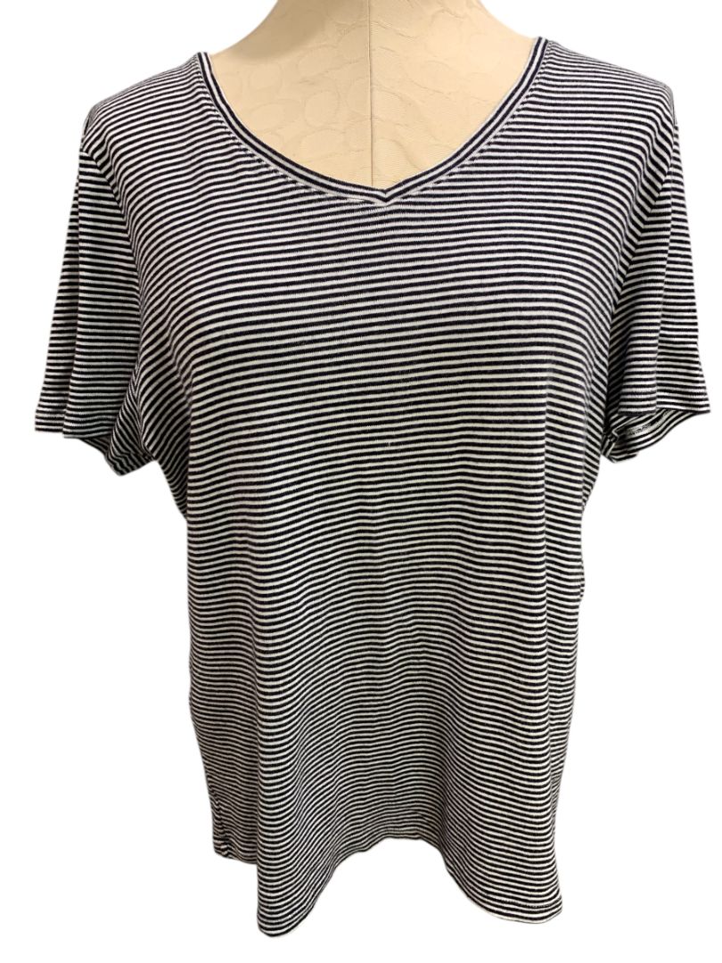 XL Talbots Tee Womens Navy Blue White Striped V-Neck Tshirt