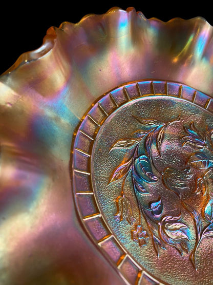 Vintage Dugan Wildflower Marigold Carnival Glass Ruffle 8.75" Bowl